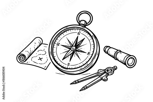 Vintage black and white compass with nautical map and telescope