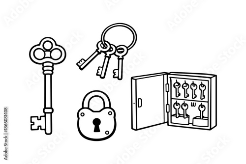 Black and white outline of key collection with locked padlock and cabinet