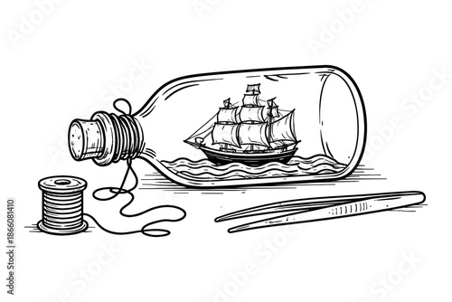 Intricate ship in a bottle with nautical elements and tools in linear design