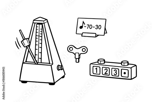 Minimalist line art of a mechanical metronome with musical elements