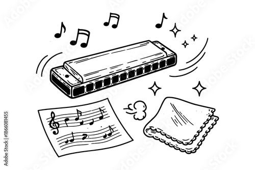 Musical harmonica with sheet music and cloth in hand-drawn style
