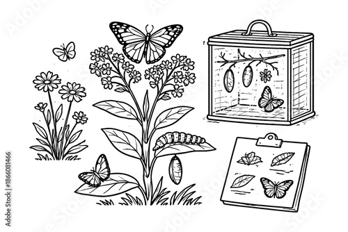 Life cycle of a butterfly: detailed botanical sketch of transformation journey