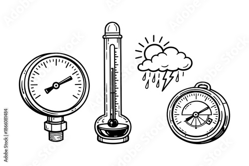 Detailed hand drawn weather instruments collection with barometer, thermometer, and compass