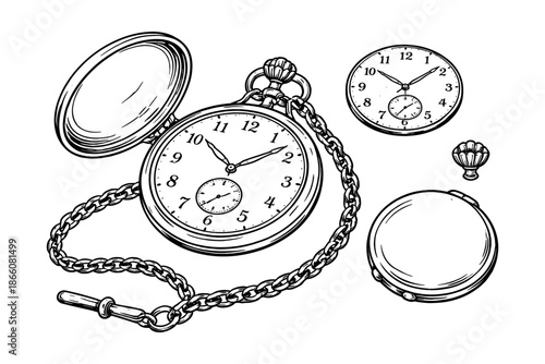 Vintage pocket watches with chain: detailed antique timepieces in black and white line art