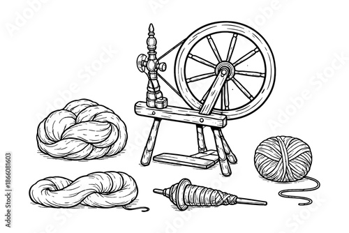 Intricate handcrafted yarn and spinning wheel design in black and white line art style