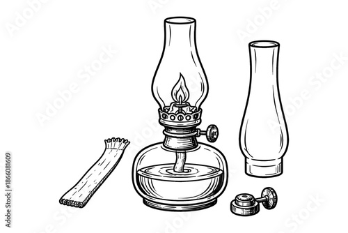 Vintage oil lamp with accessories in detailed ink drawing