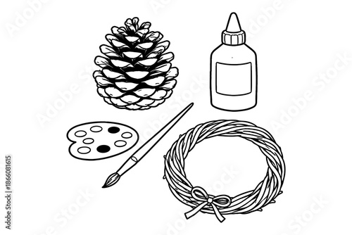 Line art craft supplies: paintbrush, glue, pinecone, and wreath