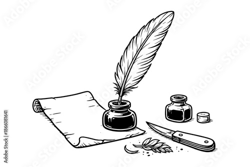 Vintage ink and quill with parchment and knife on white background