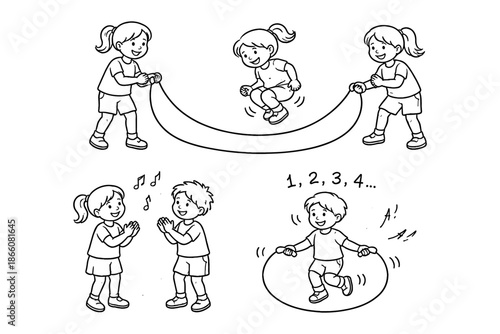 Children playing jump rope and engaging in fun outdoor activities