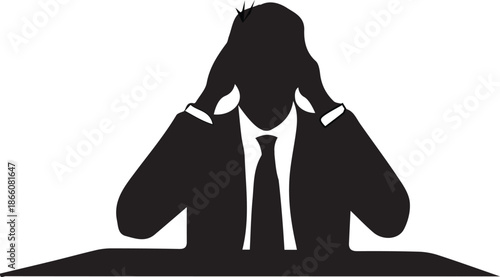 stressed businessman silhouette holding head desk work anxiety burnout pressure frustration icon isolated on white background.