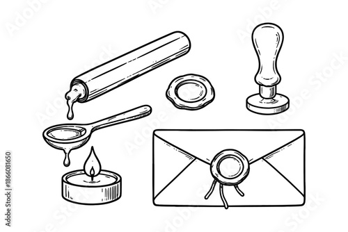 Hand drawn wax sealing tools with candle, stamp, and envelope in vintage style