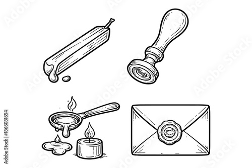 Vintage wax seal tools collection with envelope and stamp