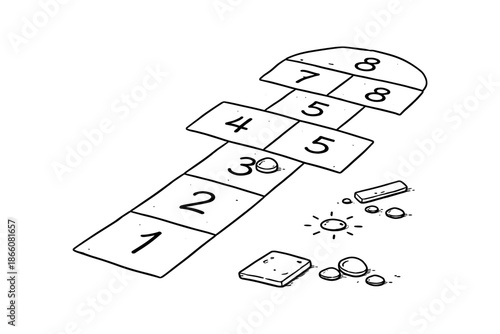 Hopscotch game layout with stones in hand-drawn doodle style