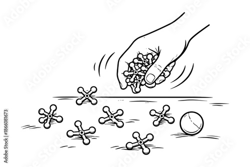 Hand gathering jacks and ball in black and white line art illustration