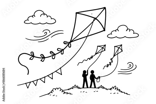 Children flying kites in breezy weather with clouds and decorated tails in line art style