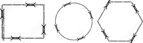 Vector image of a square, circle, and polygon surrounded by barbed wire. Barbed wire frames.