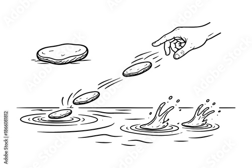 Hand-drawn skipping stones: illustration of rocks skipping across water
