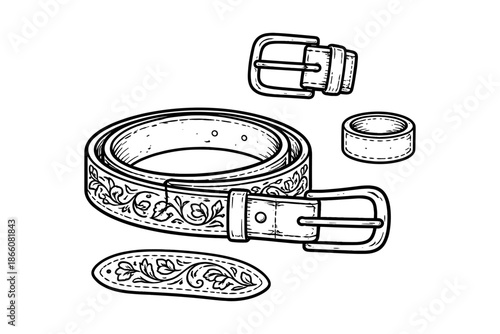Ornate leather belt with floral patterns and buckles in vintage style line art