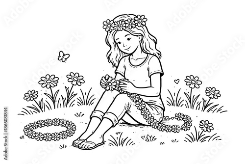 Peaceful moment: girl crafting flower crown in garden