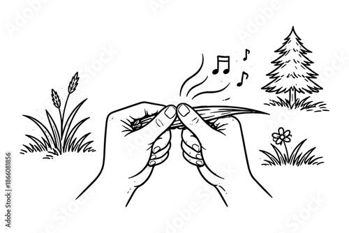 Hands whistling with grass blade in nature scene with musical notes