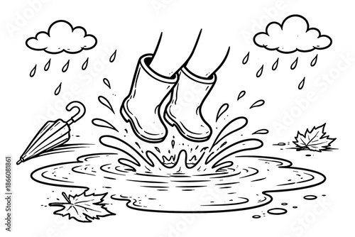 Jumping in puddle with rain boots on a rainy day