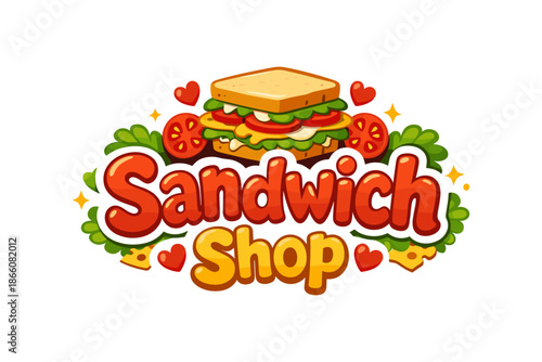 Colorful cartoon sandwich shop logo with fun food elements