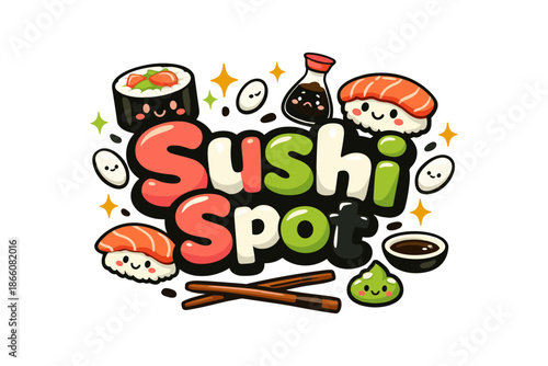 Cute kawaii sushi characters with soy sauce and chopsticks