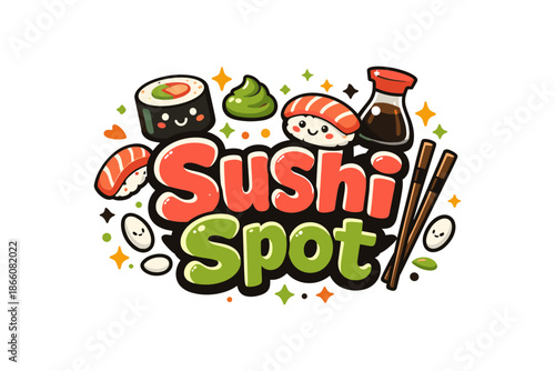 Cute kawaii sushi spot logo with adorable food characters and colorful design