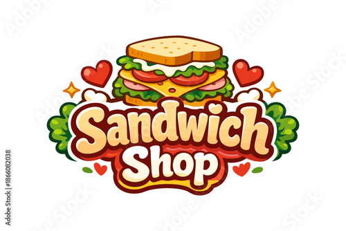 Colorful cartoon sandwich shop logo with hearts and vegetables