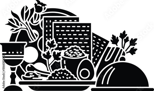 hand drawn vector illustration of a garden tools, Passover Seder Meal Elements Vector Illustration, Traditional Jewish Holiday Symbols with Matzah, Wine Cup, and Symbolic Foods, Judaica Cultural Icon 