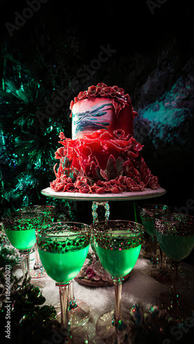 A winter celebration features a green Christmas tree with red glass balls and festive ornaments as a beautiful holiday decoration and seasonal gift