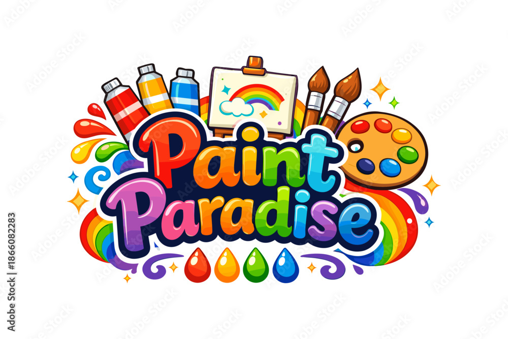 Fototapeta premium Colorful paint art supplies with palette, brushes, and rainbow theme