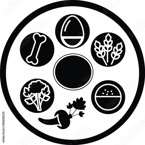 set of vector  for easter, Traditional Passover Seder Plate Vector Illustration, Jewish Holiday Symbols with Matzah, Bone, Egg, and Bitter Herbs, Religious Pesach Celebration Icon for Graphic 