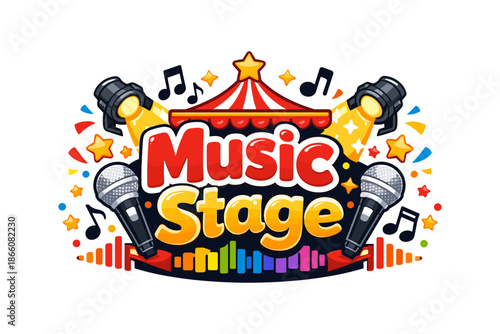 Colorful music stage with microphones and lights under a circus tent