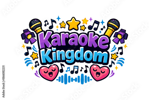Colorful karaoke kingdom logo with microphones and musical elements
