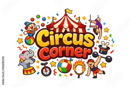 Vibrant circus fun with clowns, acrobats, and colorful animals in a playful design