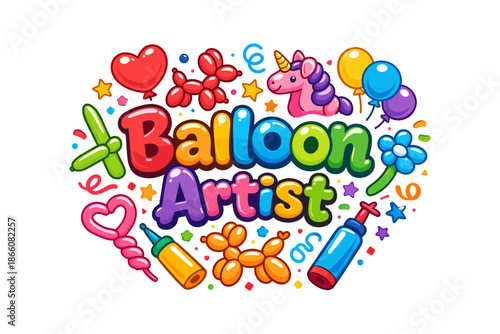 Colorful balloon artist design with unicorn and heart balloons