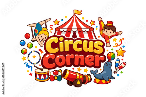 Colorful circus fun with performers, tent, cannon, and playful animals