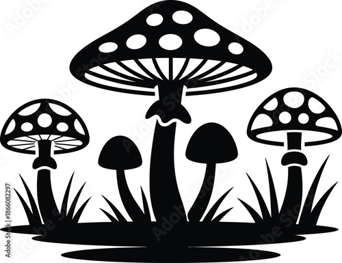 Black and white mushroom silhouette illustration vector set white background