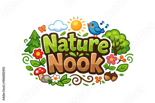 Playful nature logo with colorful cartoon elements and whimsical font