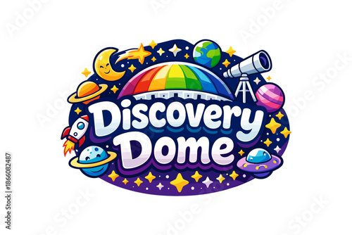 Colorful astronomical adventure badge with fun space elements