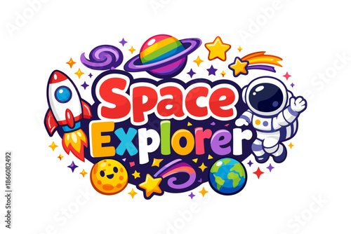 Colorful cartoon space adventure with rocket, astronaut, and planets