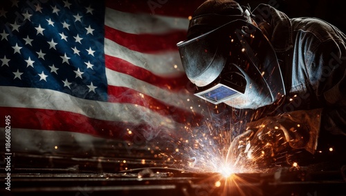 Welder in Protective Gear Welding Metal Next to American Flag in Industrial Workshop