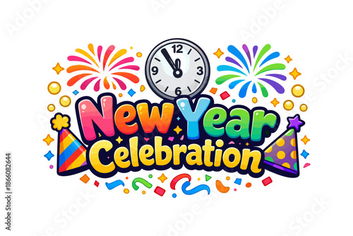 Colorful new year celebration with clock and fireworks in cartoon style