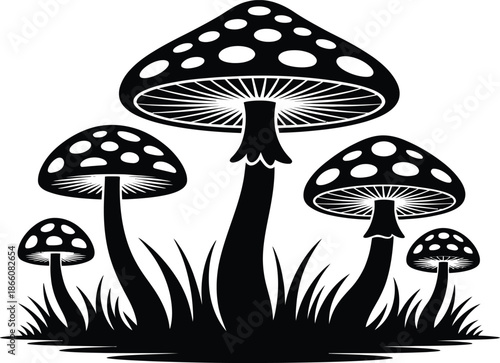 Black and white mushroom silhouette illustration vector set white background