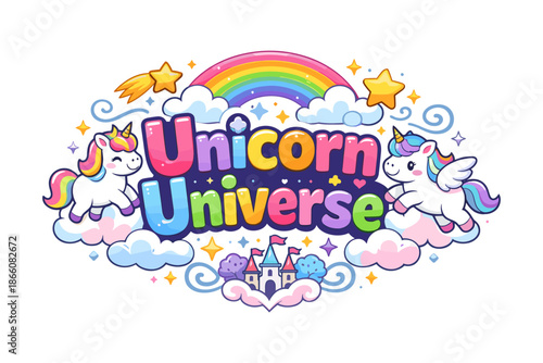Magical unicorn world with colorful rainbow and castle in a cartoon style
