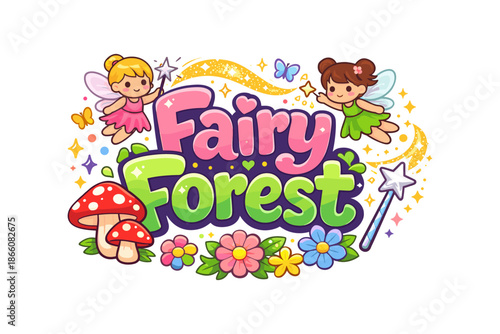 Colorful fairy forest with magic elements and cute cartoon fairies