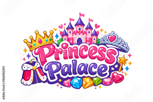 Magical princess palace with crown, castle, and jewels in vibrant colors