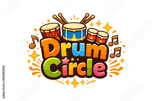 Colorful drum circle with cartoon percussion instruments and musical notes