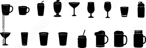silhouette of glasses and drinking cups in various shapes on white background